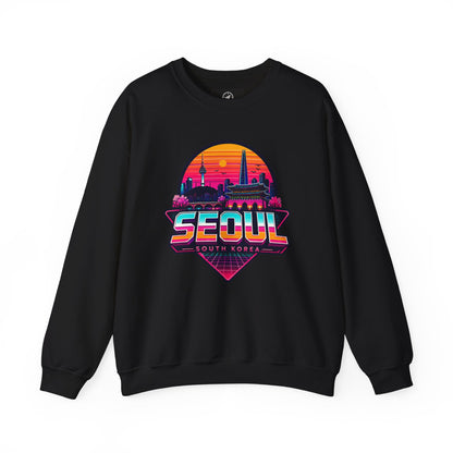 Black crewneck sweatshirt with Seoul city graphic on the chest