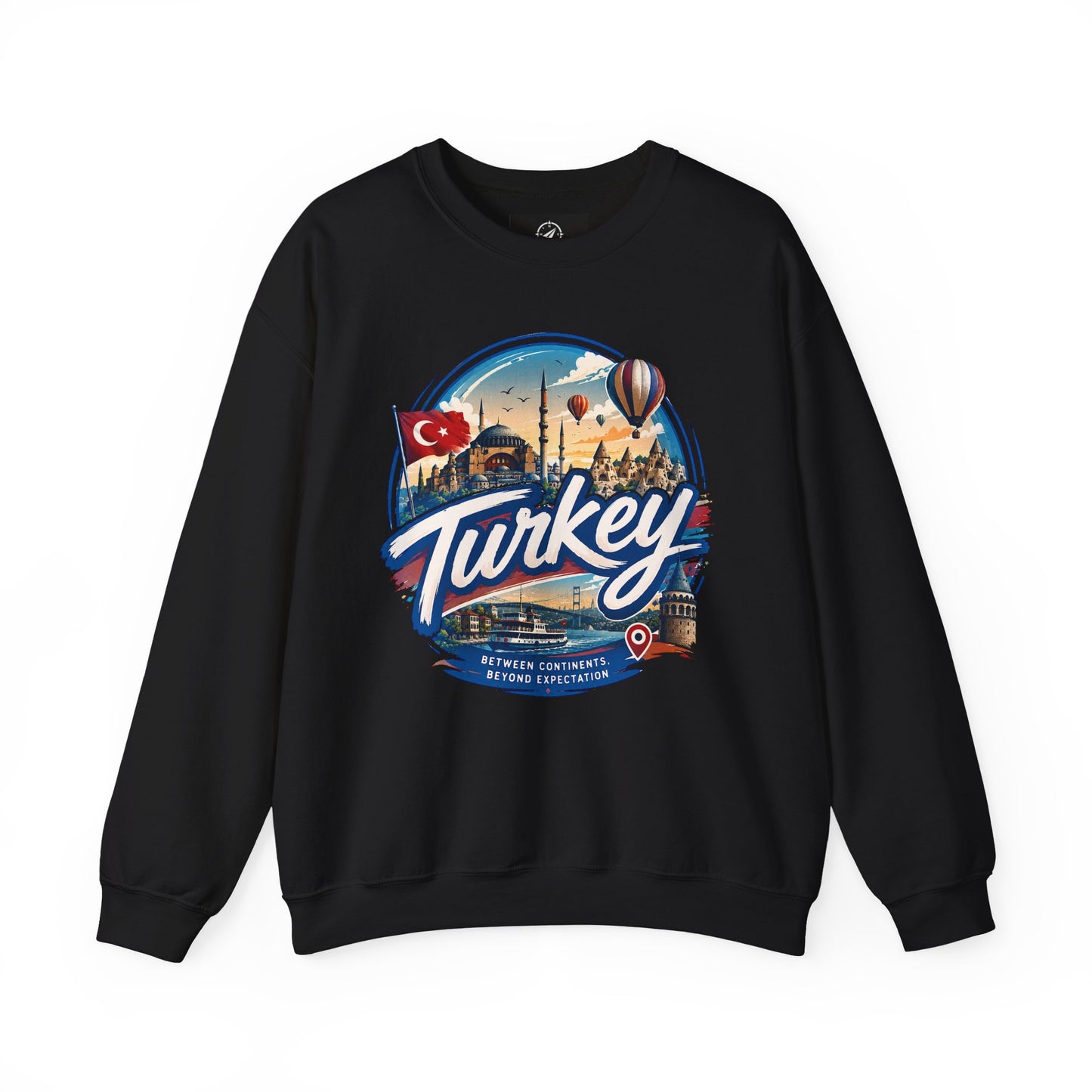 Black crewneck sweatshirt featuring “Turkey” vintage-style graphic on the front