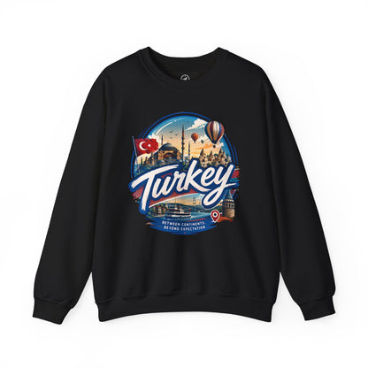 Black crewneck sweatshirt featuring “Turkey” vintage-style graphic on the front