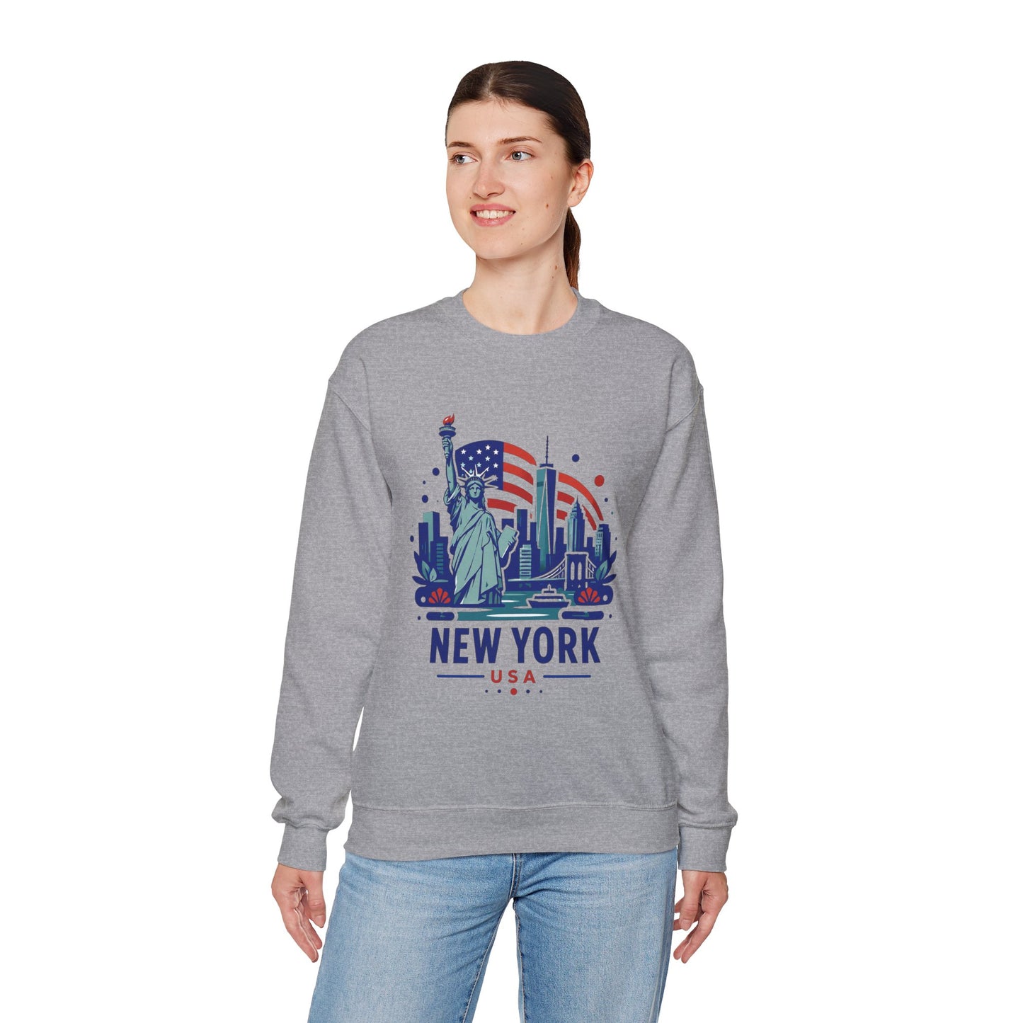 Sport grey crewneck sweatshirt with New York USA skyline graphic, worn by woman