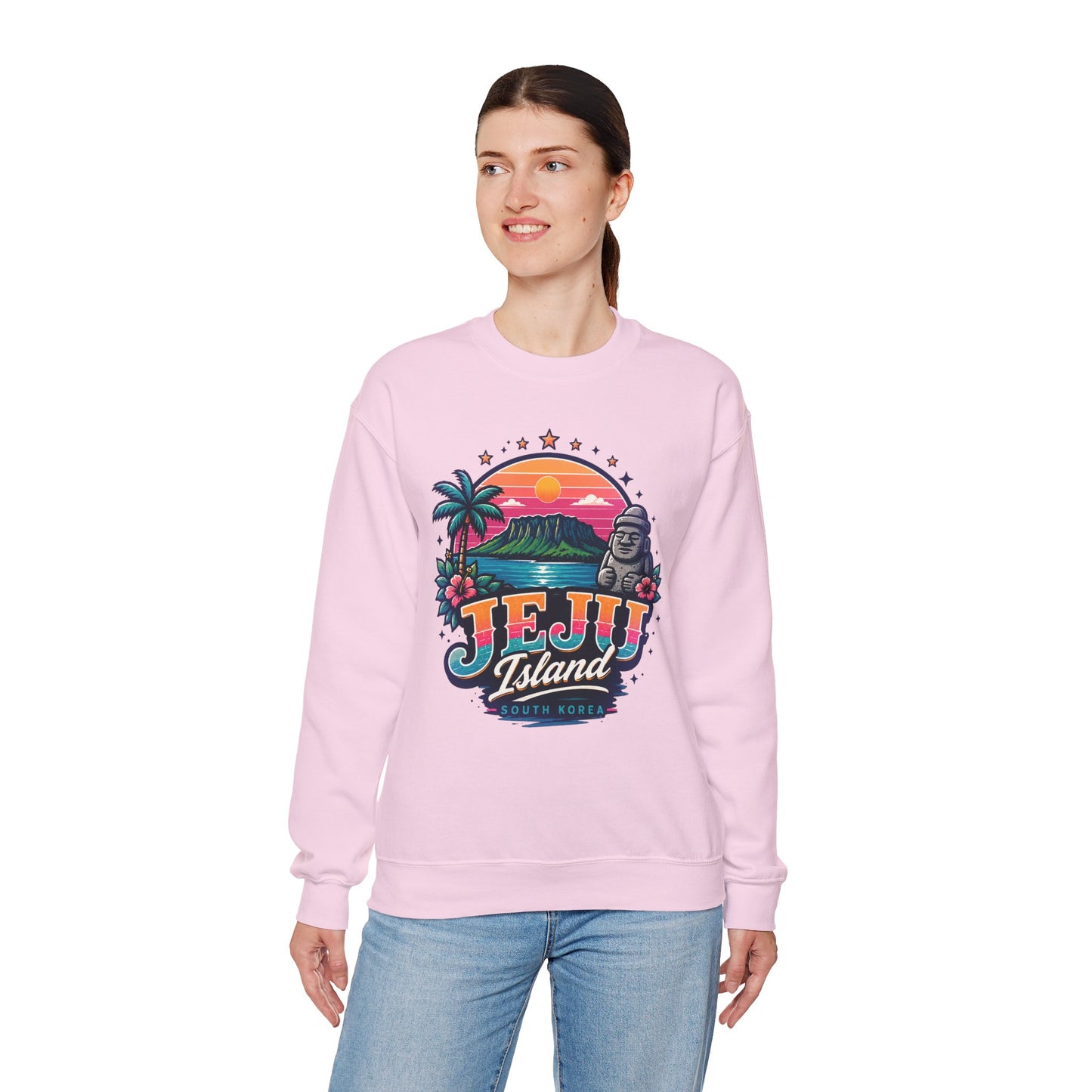 Pink graphic sweatshirt with colorful TEJU Island South Korea front print