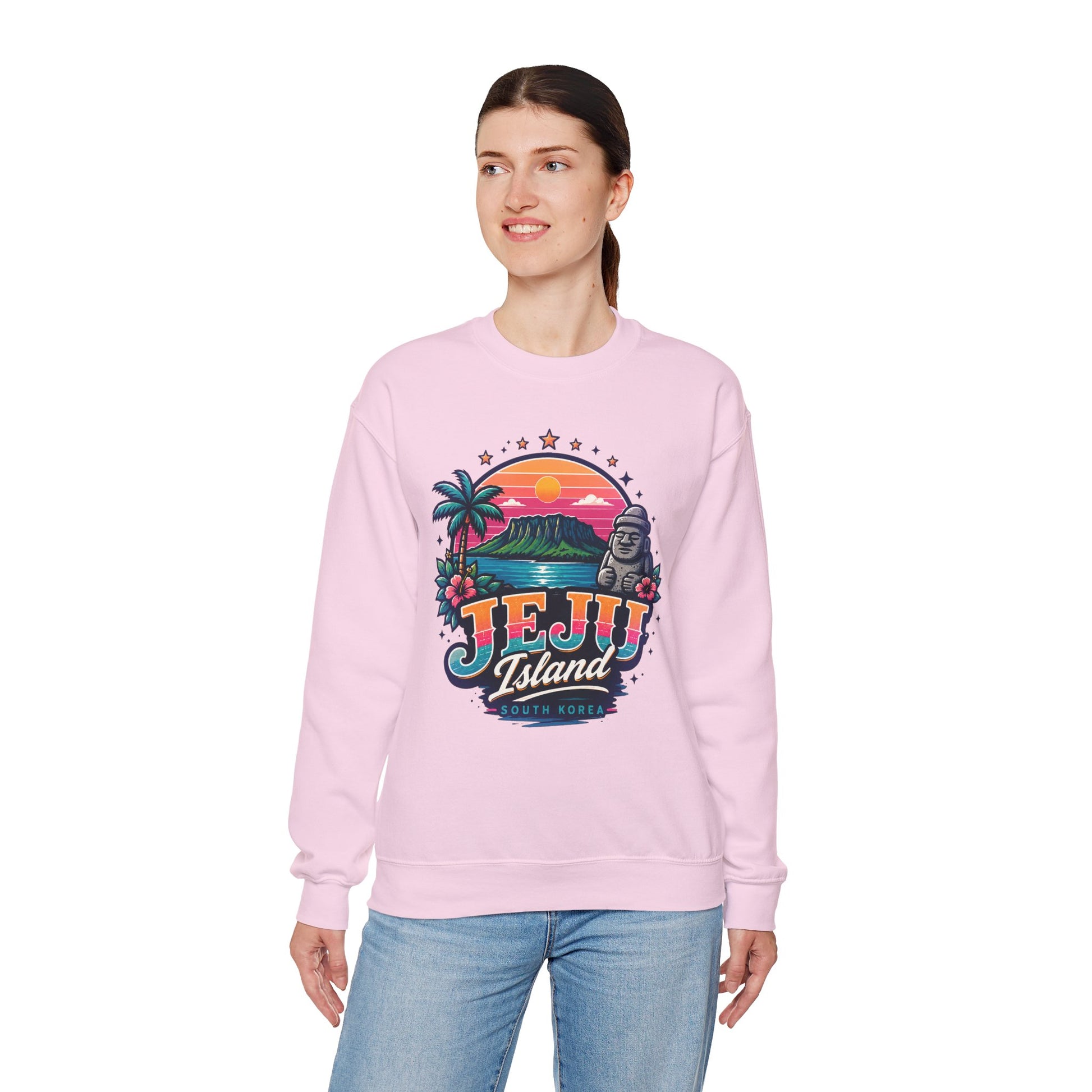 Pink graphic sweatshirt with colorful TEJU Island South Korea front print
