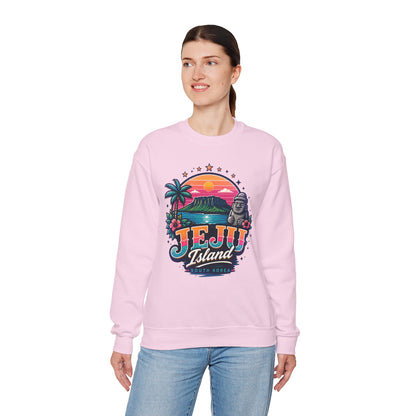 Pink graphic sweatshirt with colorful TEJU Island South Korea front print