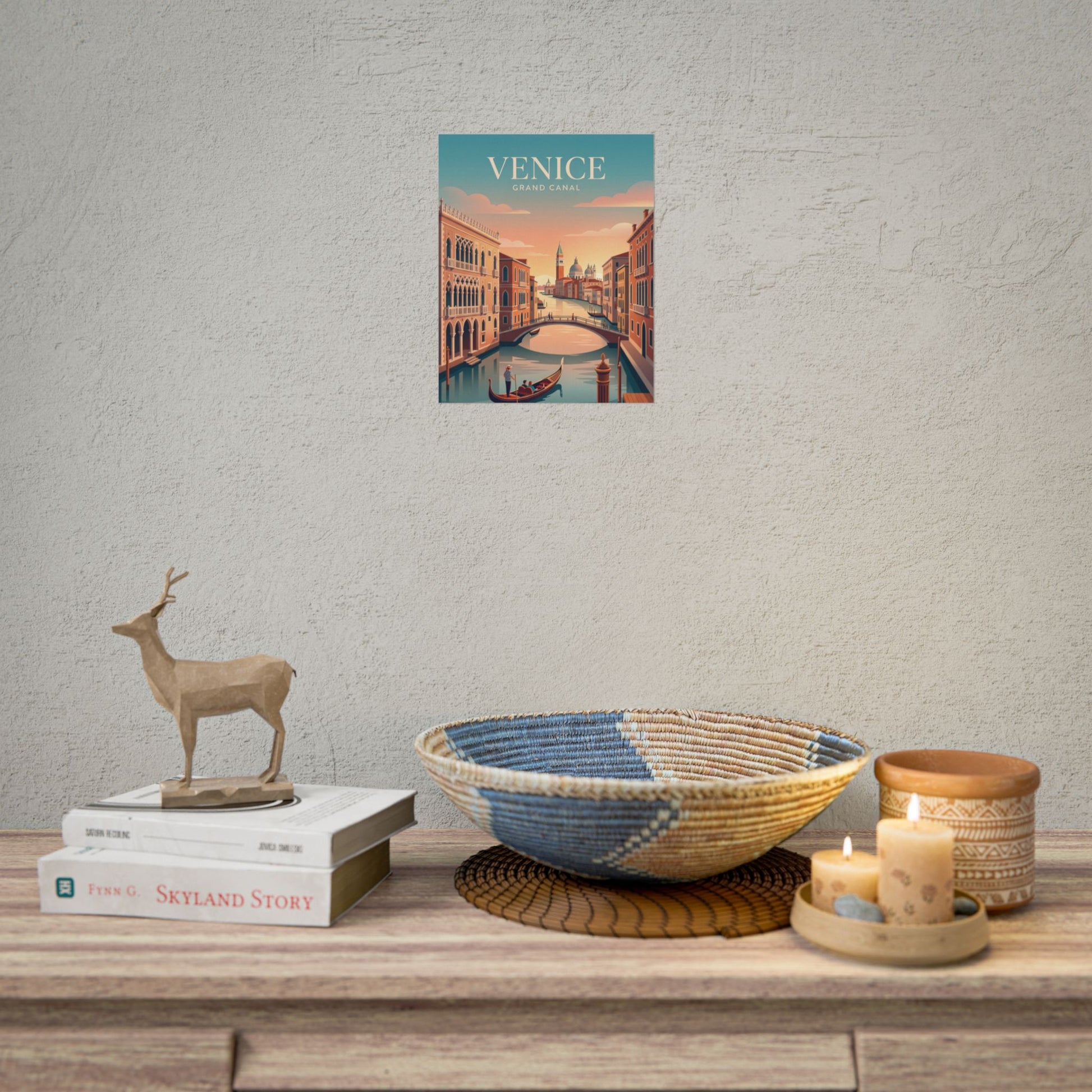 Rolled poster on wall showing a Venice Grand Canal scene with gondola and bridges