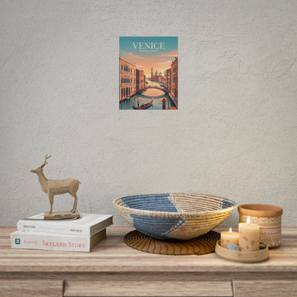 Rolled poster on wall showing a Venice Grand Canal scene with gondola and bridges