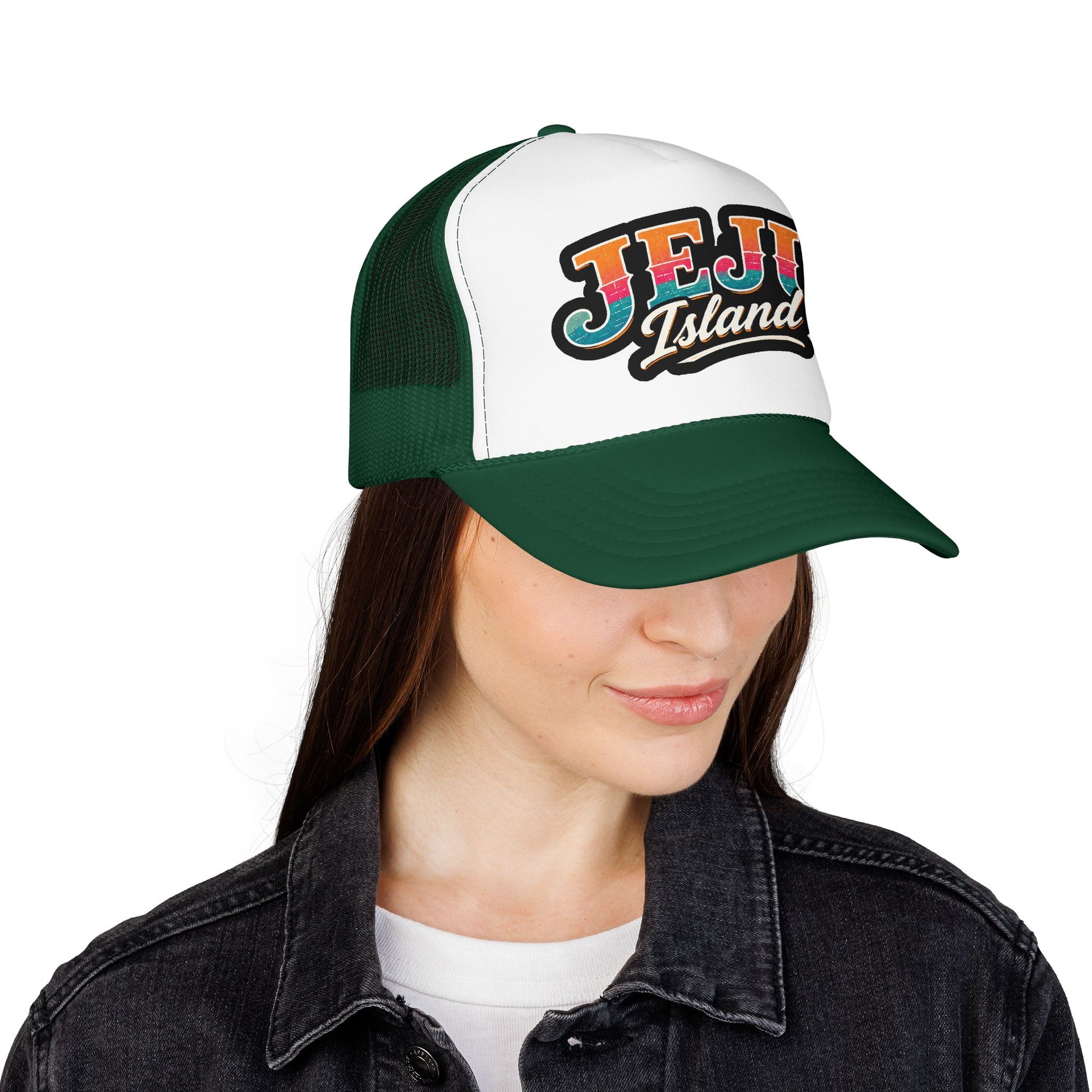 Foam trucker hat, white crown with dark green mesh and Jeju Island logo