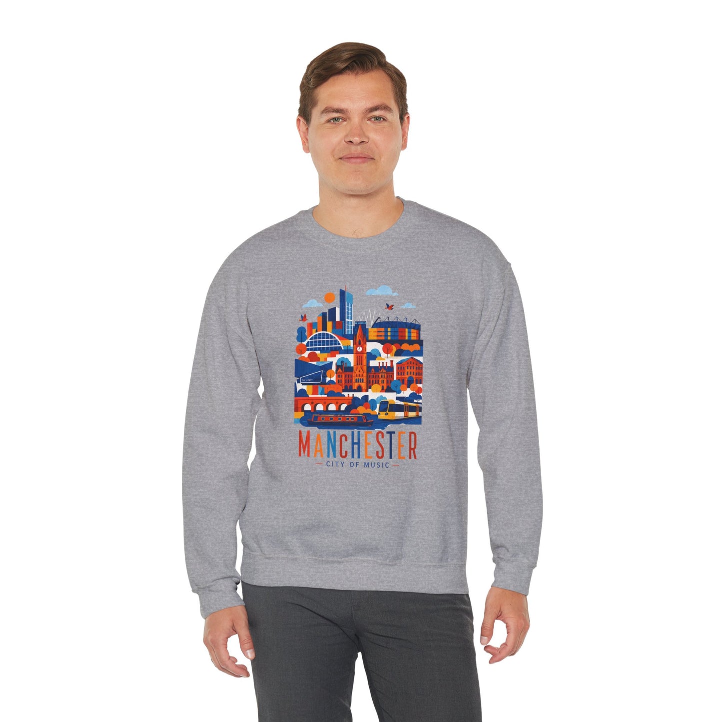 Sport grey crewneck sweatshirt with colorful Manchester cityscape graphic on front