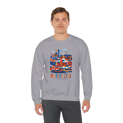 Sport grey crewneck sweatshirt with colorful Manchester cityscape graphic on front