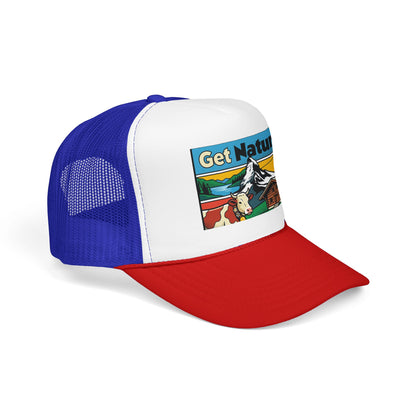 Blue, white, and red trucker hat with a front alpine graphic patch and mesh sides.