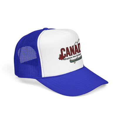 Royal blue mesh trucker hat with white front panel and embroidered Canada logo