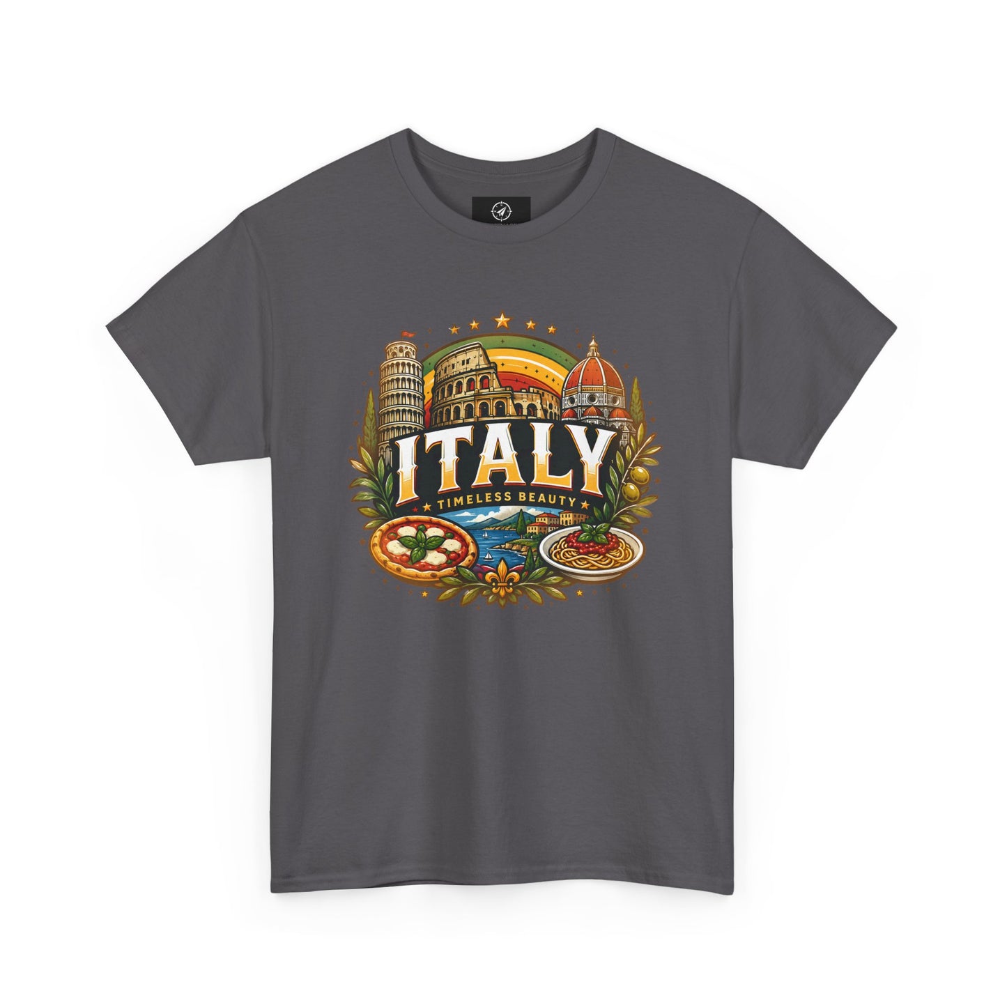 Charcoal short-sleeve crewneck T-shirt with vintage Italy city graphic on front