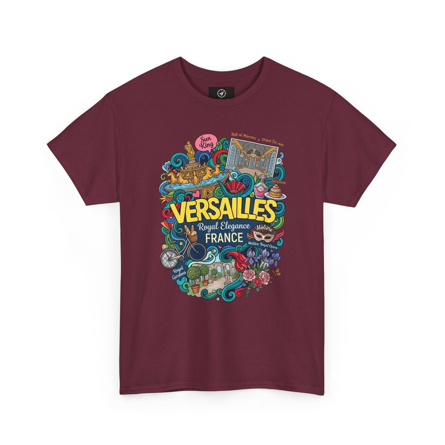 Maroon crew-neck short-sleeve T-shirt with colorful Versailles France graphic.