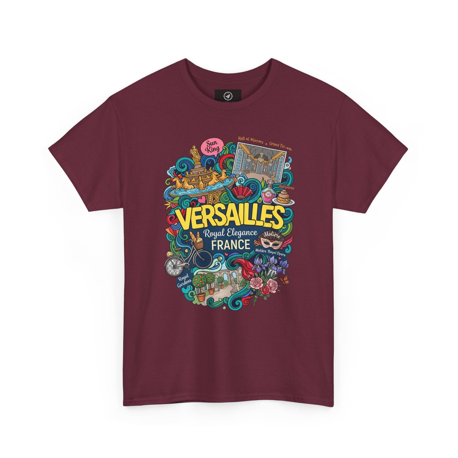 Maroon crew-neck short-sleeve T-shirt with colorful Versailles France graphic.