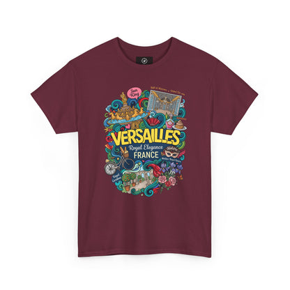 Maroon crew-neck short-sleeve T-shirt with colorful Versailles France graphic.