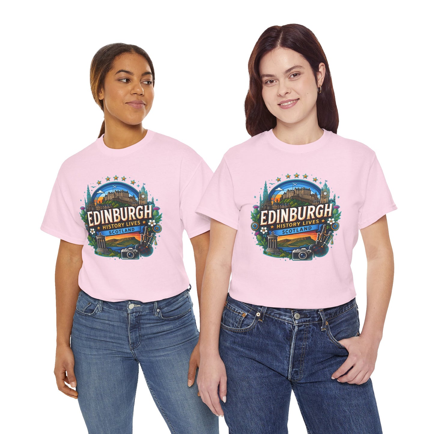 Light pink travel T-shirt with colorful circular Edinburgh graphic on the chest