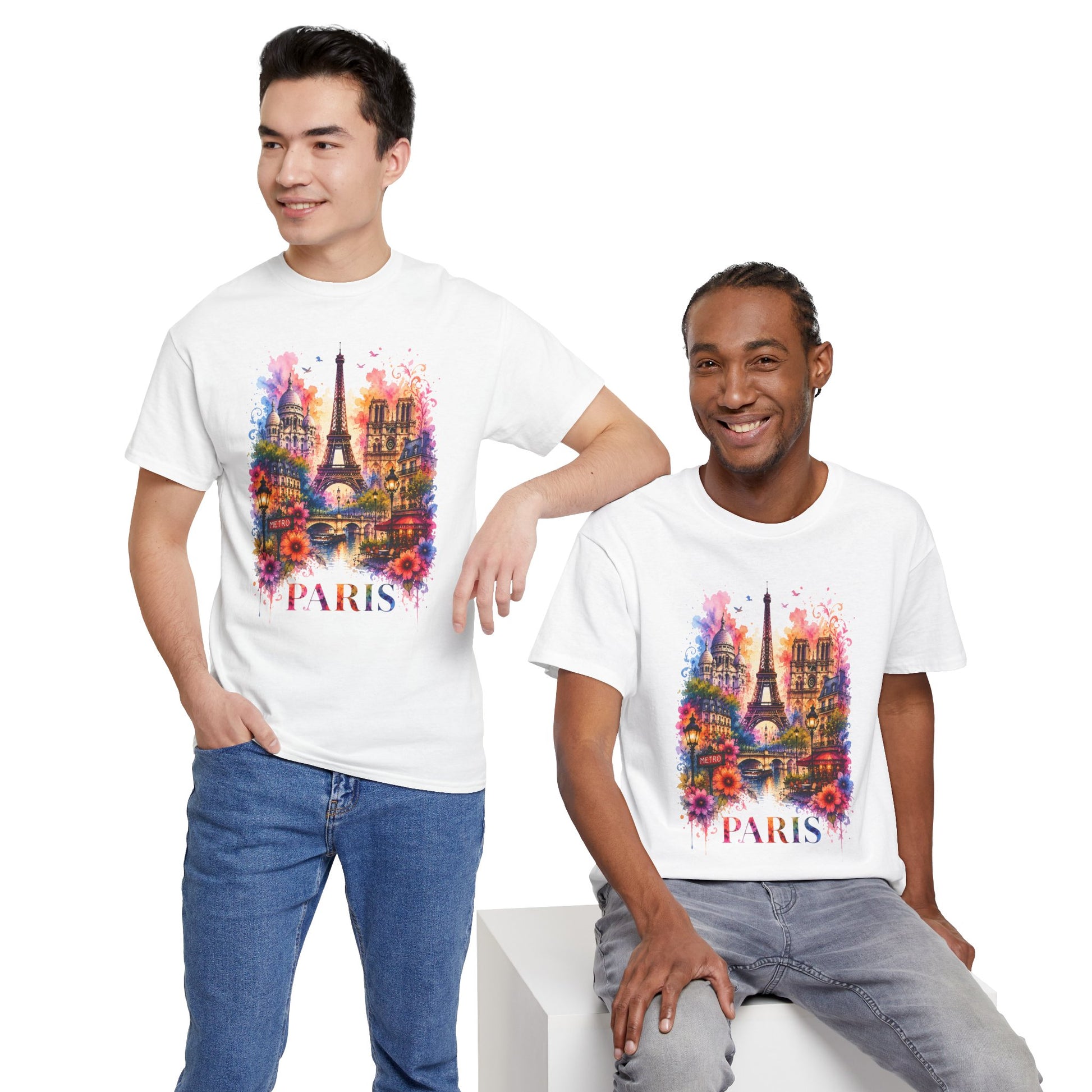 White crew-neck T-shirt with colorful Paris floral Eiffel Tower graphic, front view