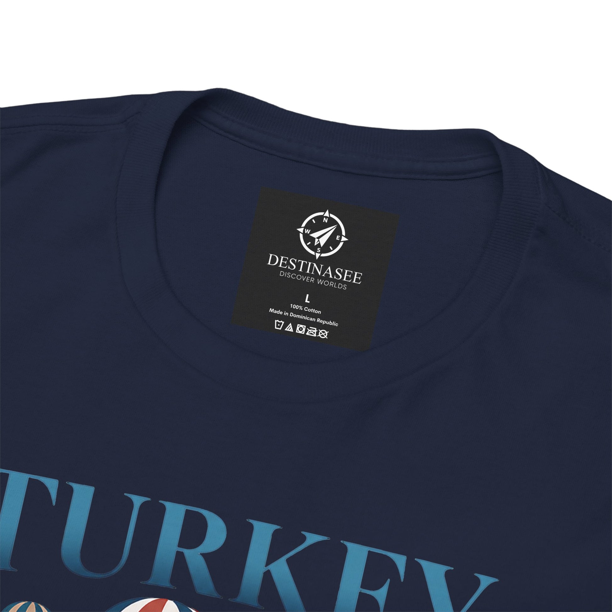 Navy T-shirt, round neck, small chest tag and partial “TURKEY” graphic
