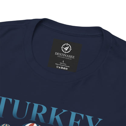 Navy T-shirt, round neck, small chest tag and partial “TURKEY” graphic