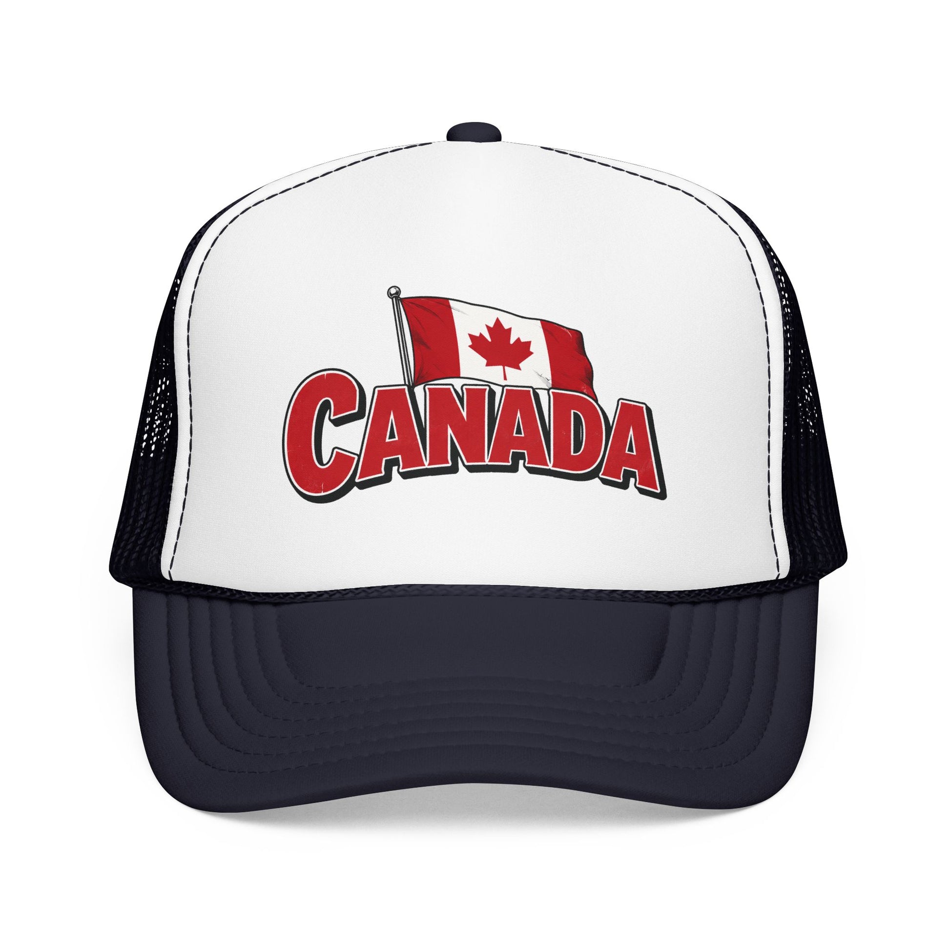 Two-tone white and navy trucker hat with mesh sides and Canada flag “CANADA” logo
