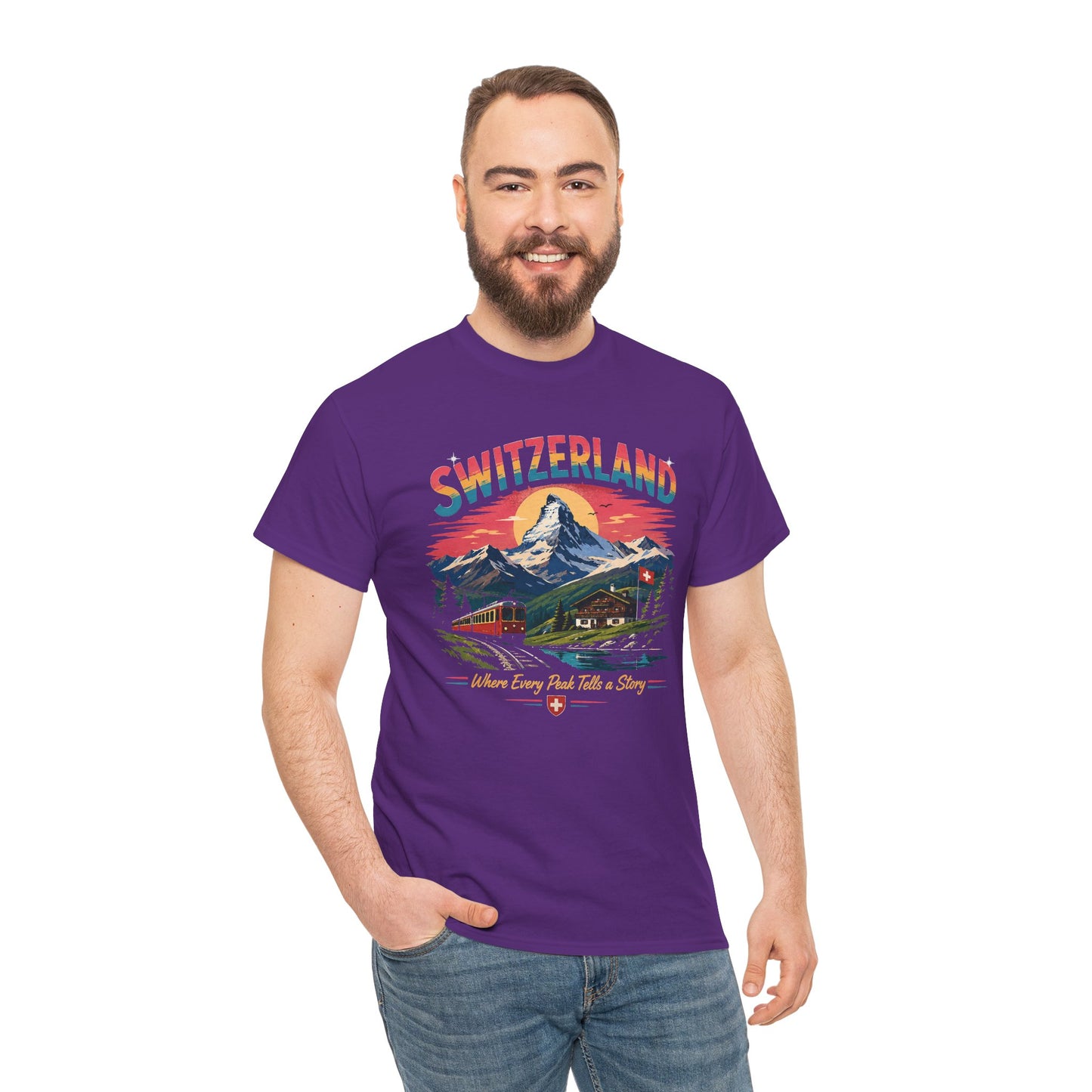 Purple crew-neck vintage T-shirt with Switzerland mountain scene graphic