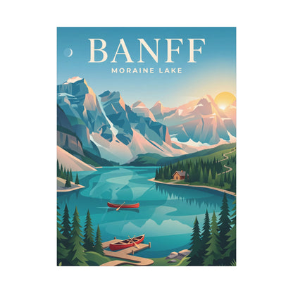 Banff Moraine Lake matte canvas wall art, front view with lake, cabin, pine trees, and boats