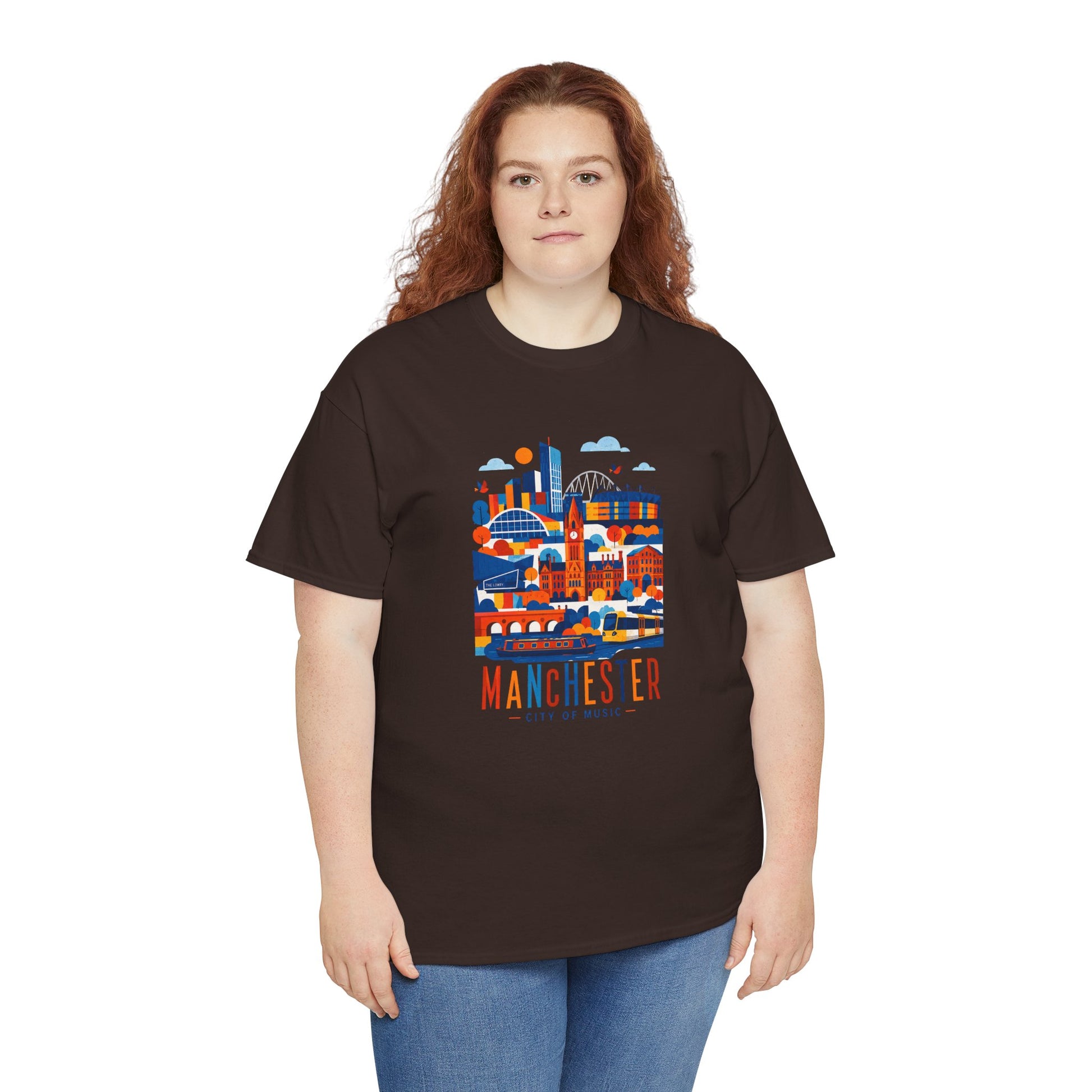 Dark brown t-shirt with multicolor Manchester skyline graphic centered on front