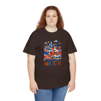 Dark brown t-shirt with multicolor Manchester skyline graphic centered on front