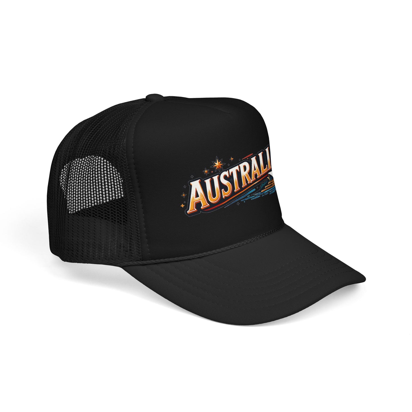Black trucker cap with Australia front graphic and breathable mesh side panels