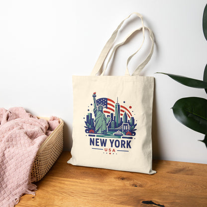 Natural cotton canvas tote bag with Statue of Liberty and New York graphic, two handles
