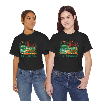 Black T-shirt set with multicolor California theme graphic on the chest