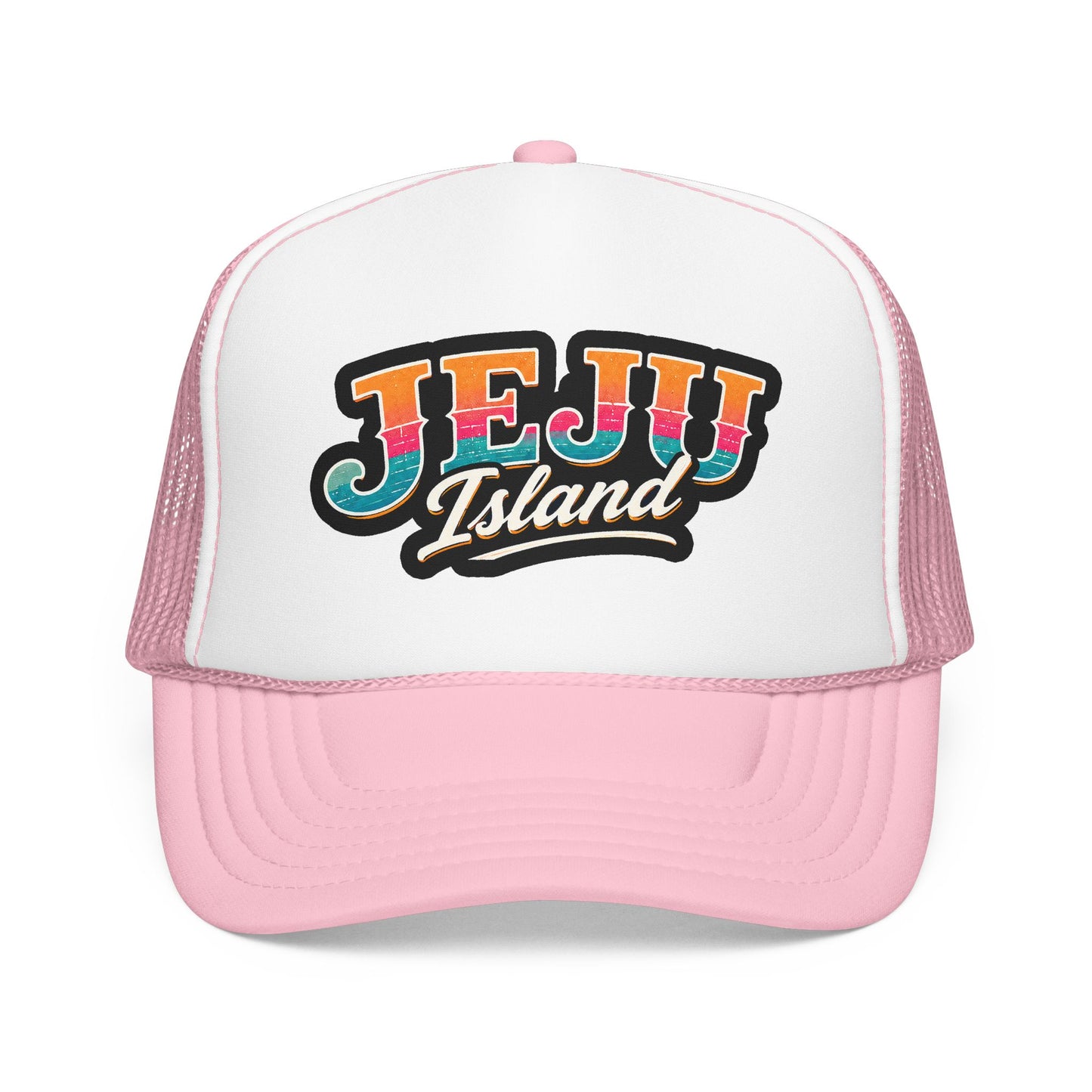 Pink and white foam trucker cap with 'JEJU Island' logo and curved brim