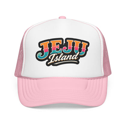 Pink and white foam trucker cap with 'JEJU Island' logo and curved brim