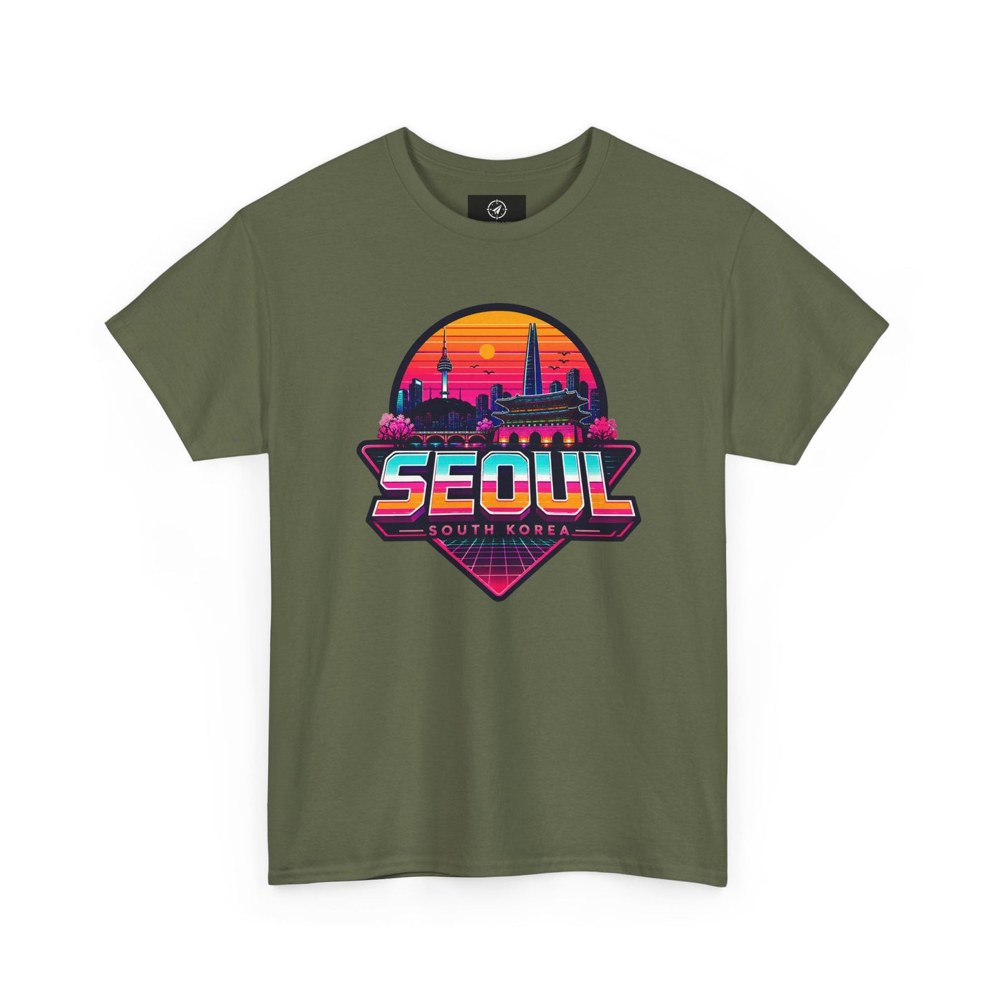 Olive green Seoul retro city T-shirt with colorful sunset skyline logo on front