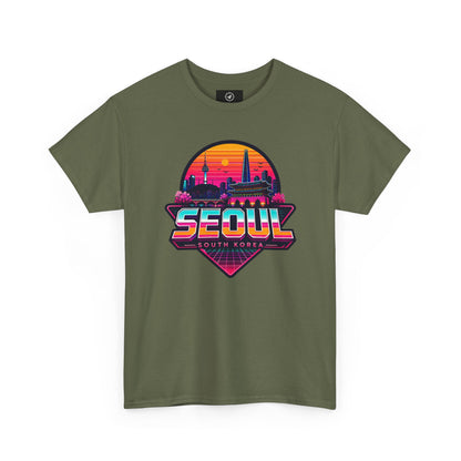 Olive green Seoul retro city T-shirt with colorful sunset skyline logo on front