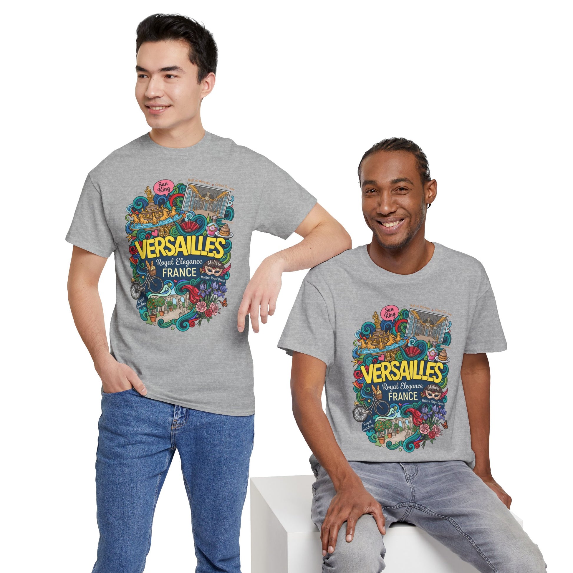 Light gray short-sleeve T-shirt with colorful “Versailles France” front graphic on two people.