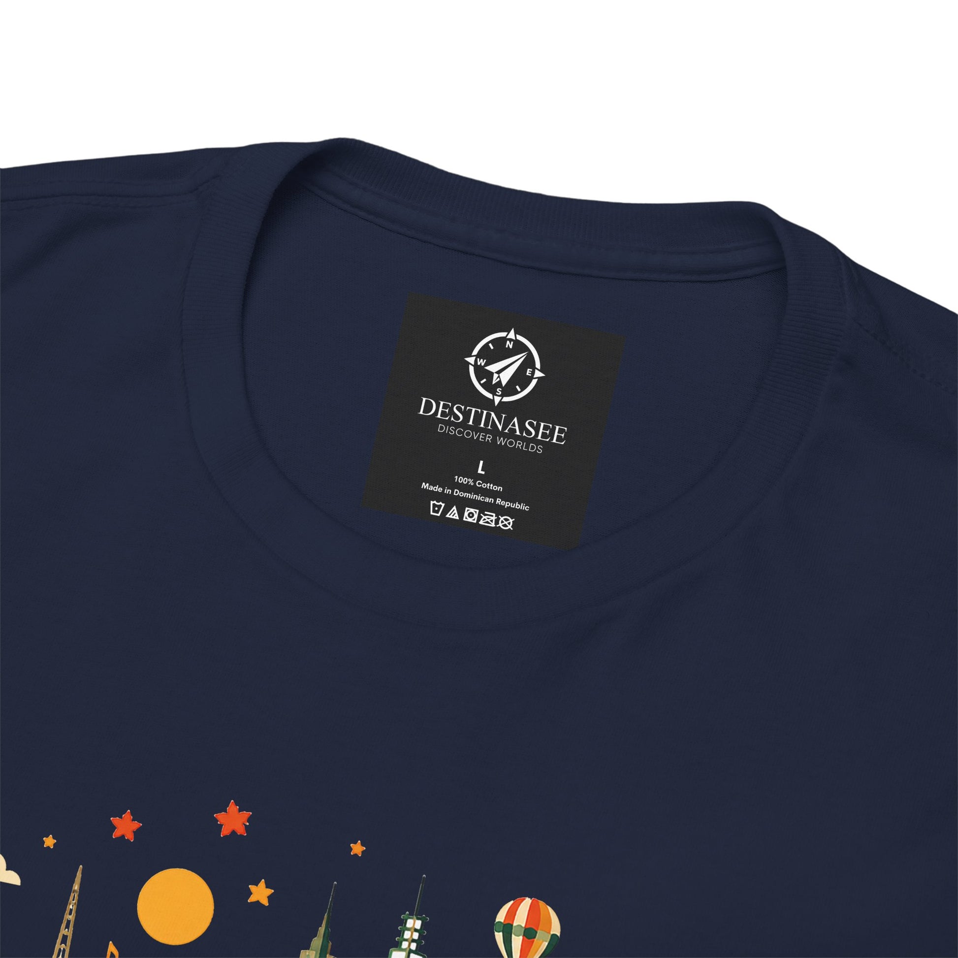 Navy T-shirt back with logo patch near the collar and partial colorful design