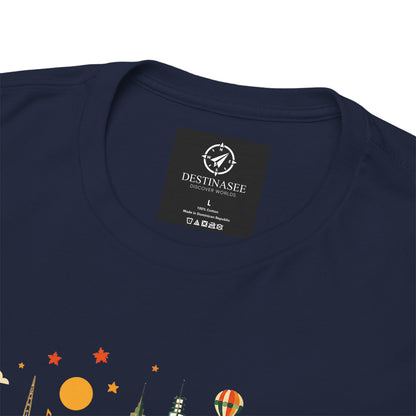 Navy T-shirt back with logo patch near the collar and partial colorful design