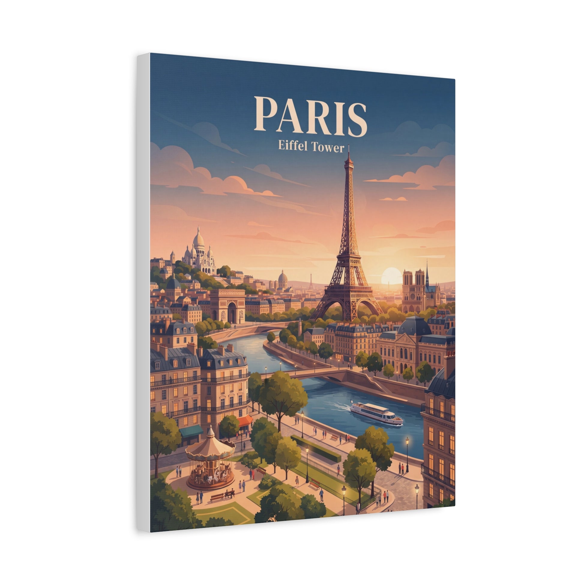 Matte canvas wall art showing Eiffel Tower and 'PARIS' gold lettering on skyline.