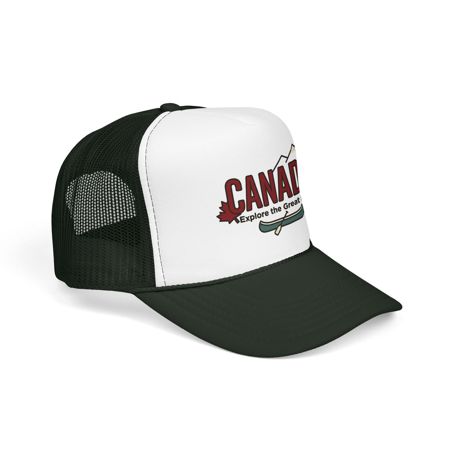 Dark green mesh trucker hat with white front panel and embroidered Canada logo
