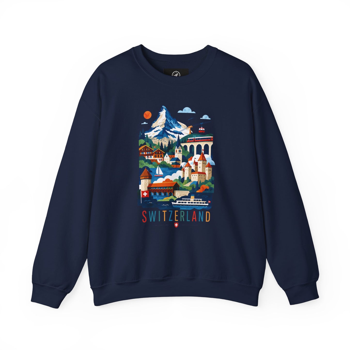 Navy crewneck sweatshirt with colorful Switzerland alpine village graphic on front