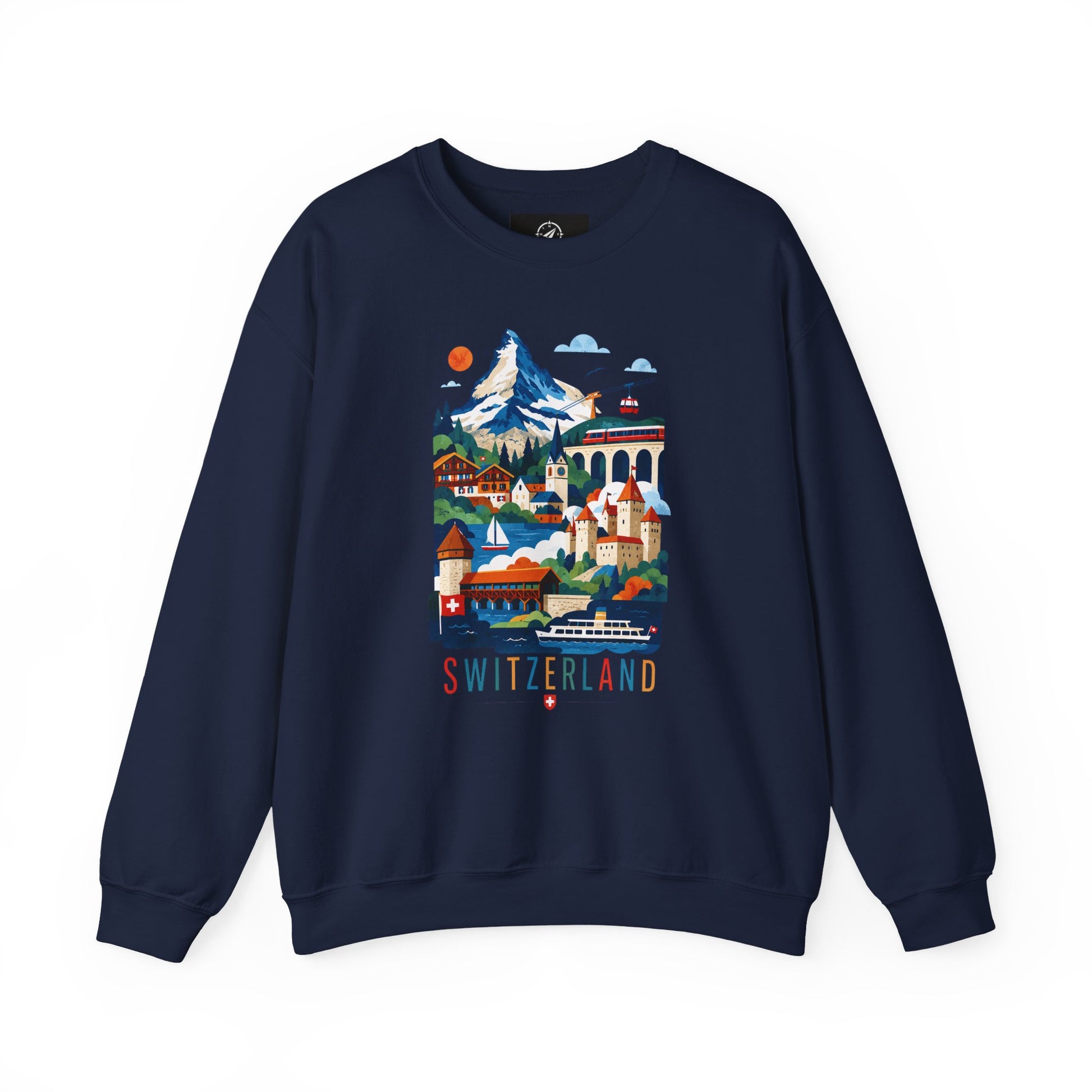 Navy crewneck sweatshirt with colorful Switzerland alpine village graphic on front