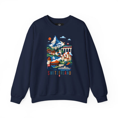 Navy crewneck sweatshirt with colorful Switzerland alpine village graphic on front