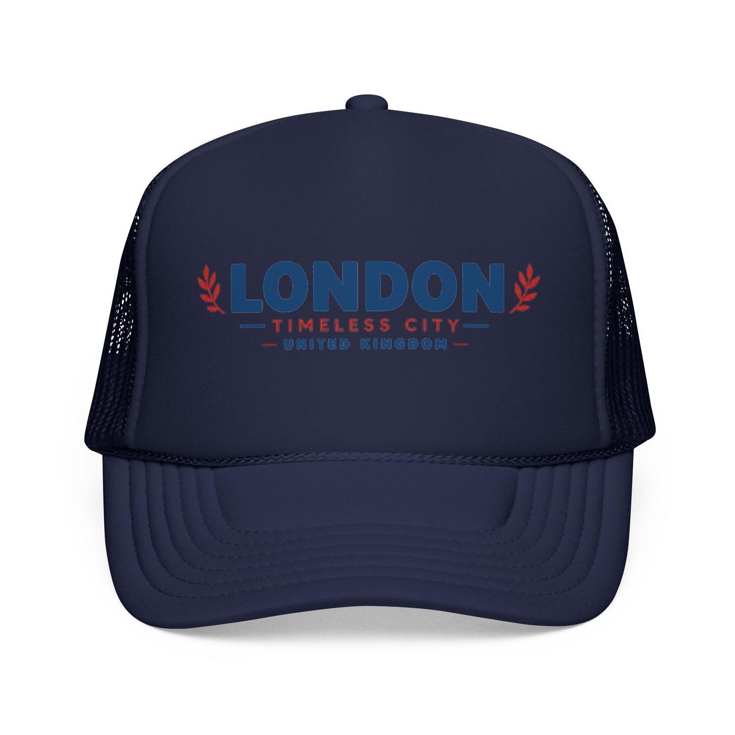Foam trucker hat with London logo, dark navy crown and mesh, curved bill.