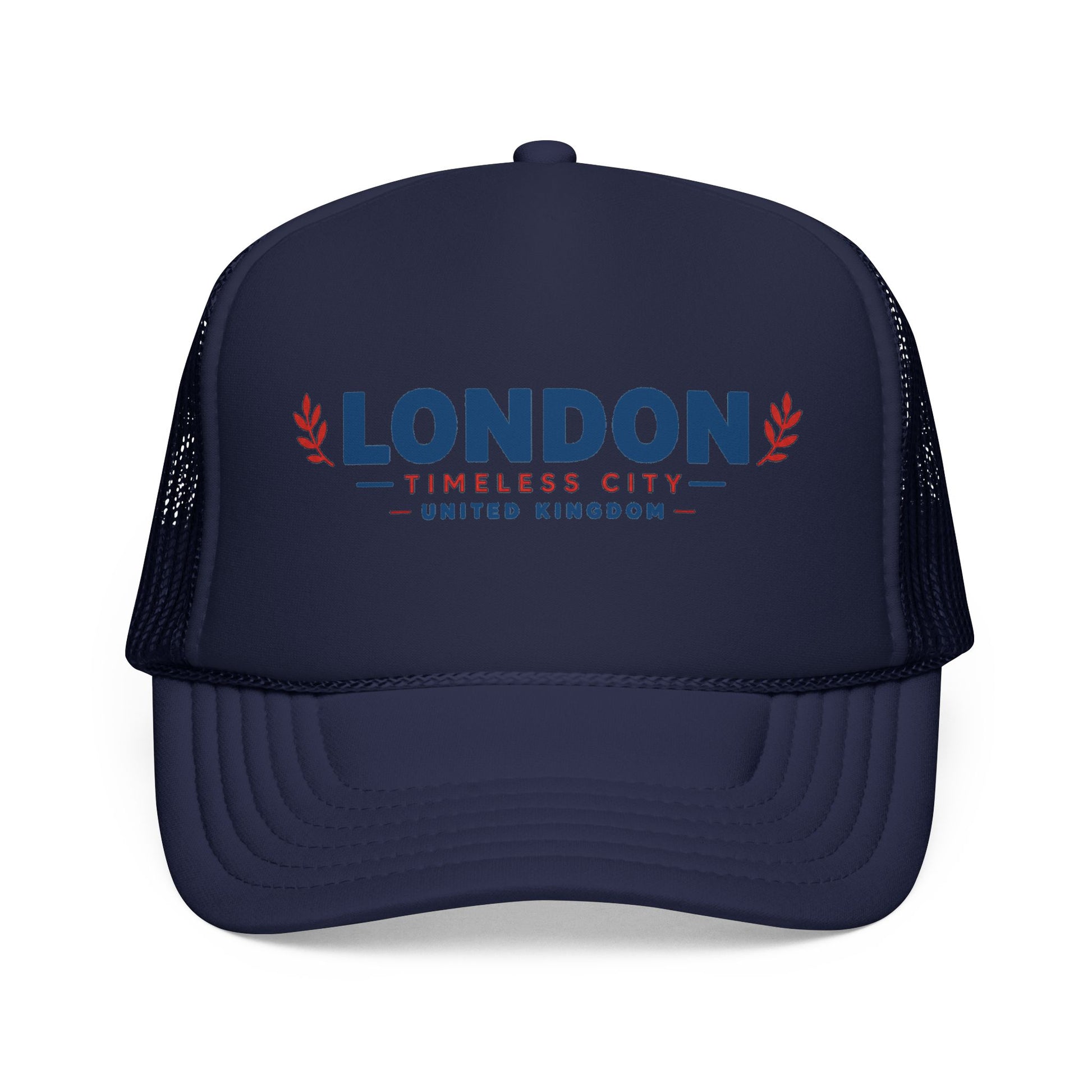 Foam trucker hat with London logo, dark navy crown and mesh, curved bill.