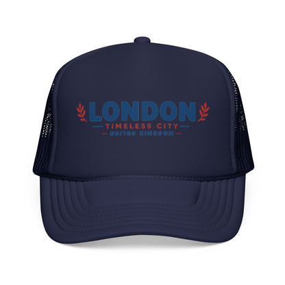 Foam trucker hat with London logo, dark navy crown and mesh, curved bill.