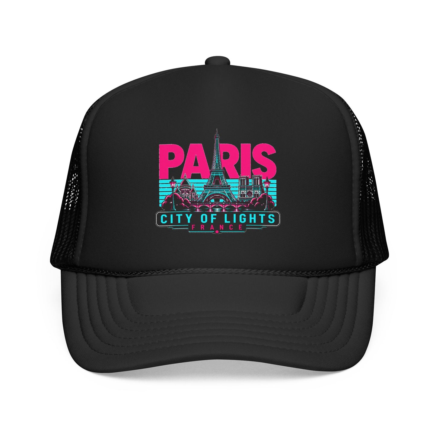 Black mesh trucker hat with “PARIS City of Lights FRANCE” front graphic.