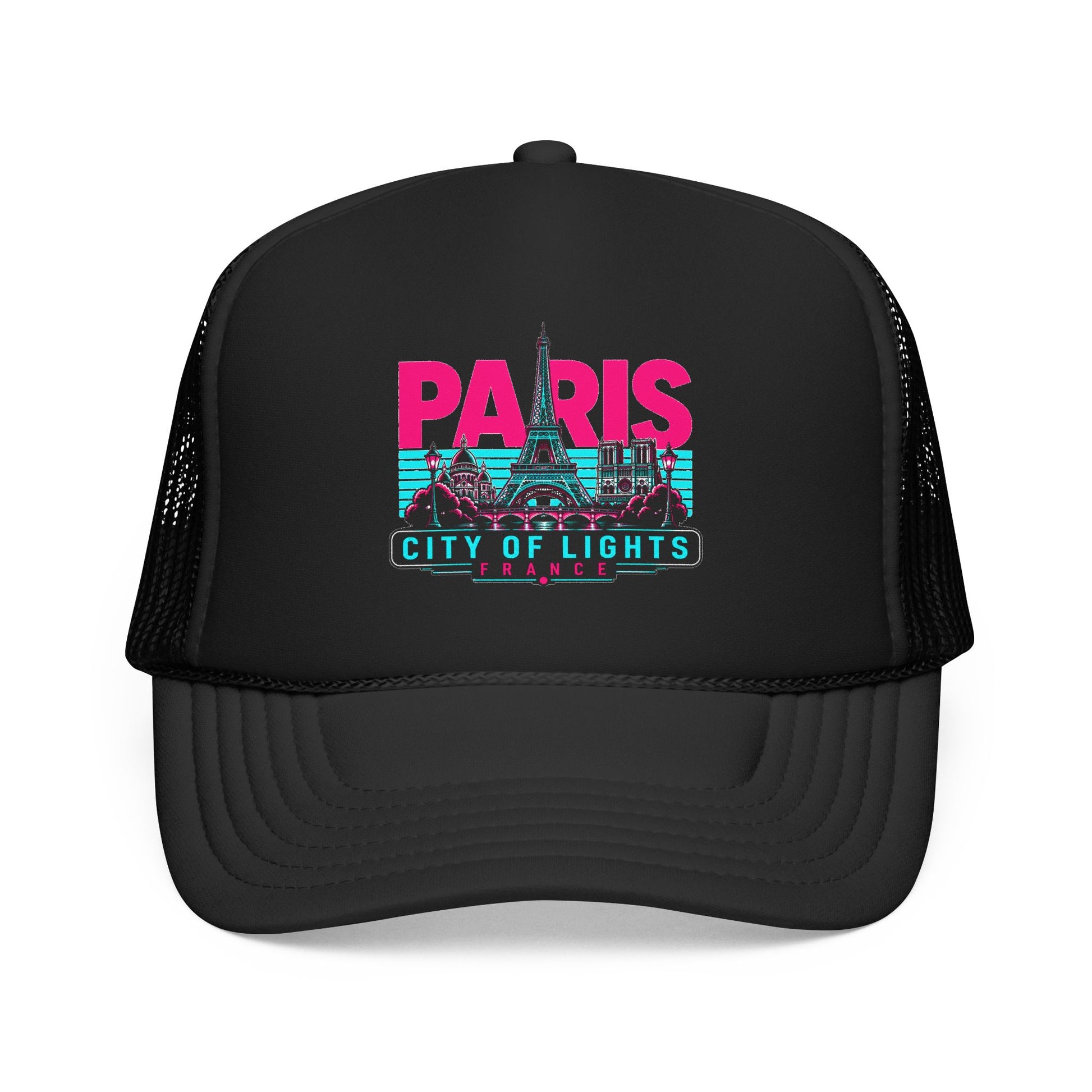 Black mesh trucker hat with “PARIS City of Lights FRANCE” front graphic.