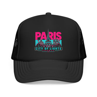 Black mesh trucker hat with “PARIS City of Lights FRANCE” front graphic.
