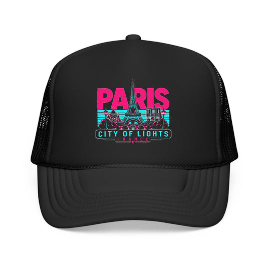 Black mesh trucker hat with “PARIS City of Lights FRANCE” front graphic.