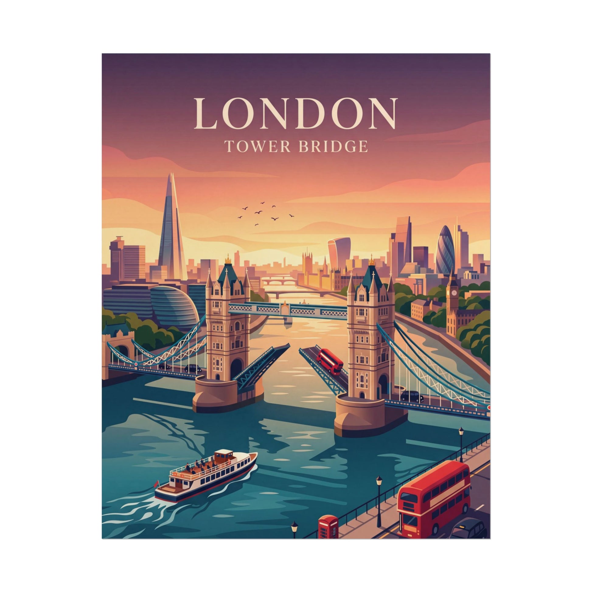London Tower Bridge art poster showing riverboats and a red bus near the bridge.